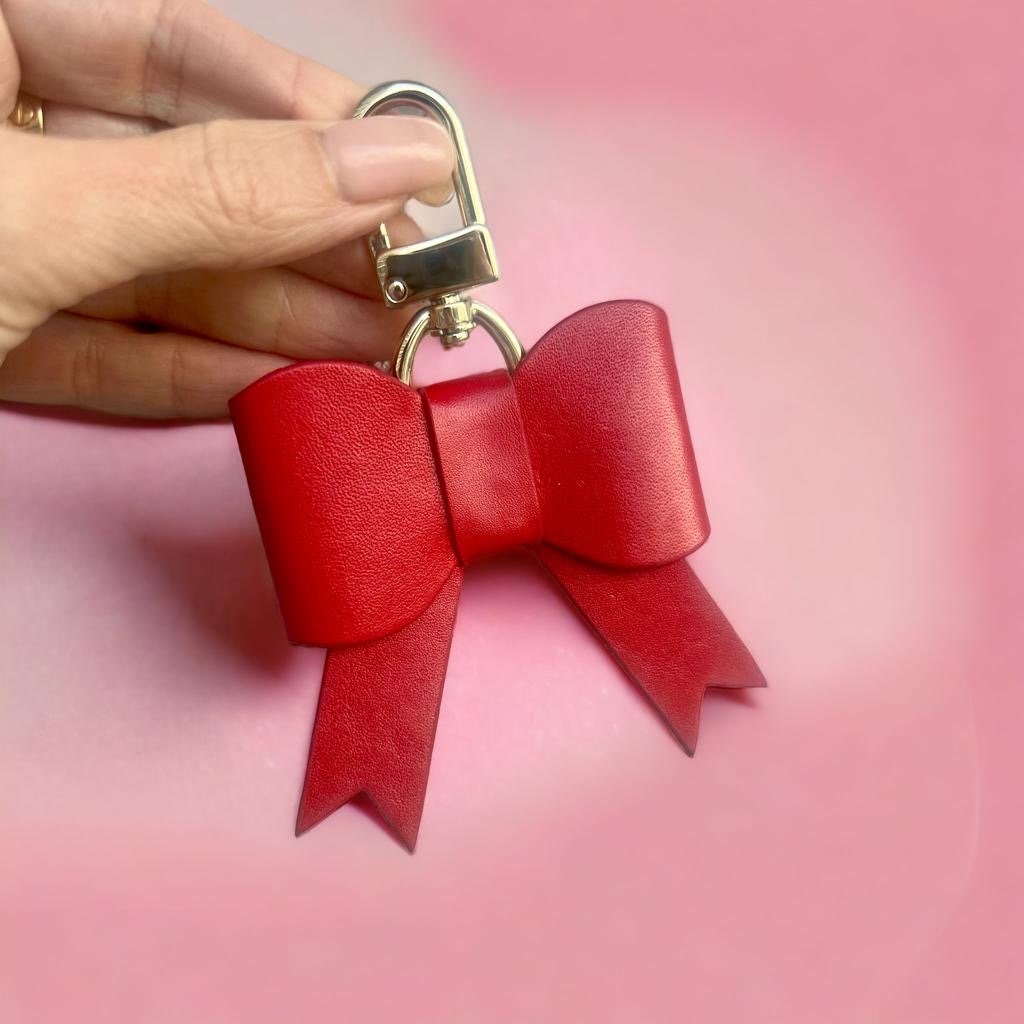 Handmade Handcrafted Leather Luxury Bow Bag Charm - Cherry Red