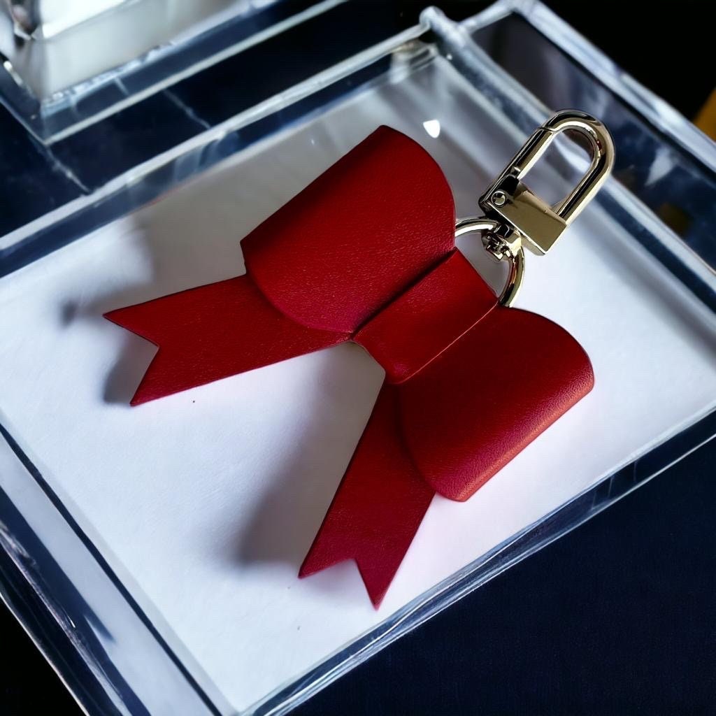 Handmade Handcrafted Leather Luxury Bow Bag Charm - Cherry Red