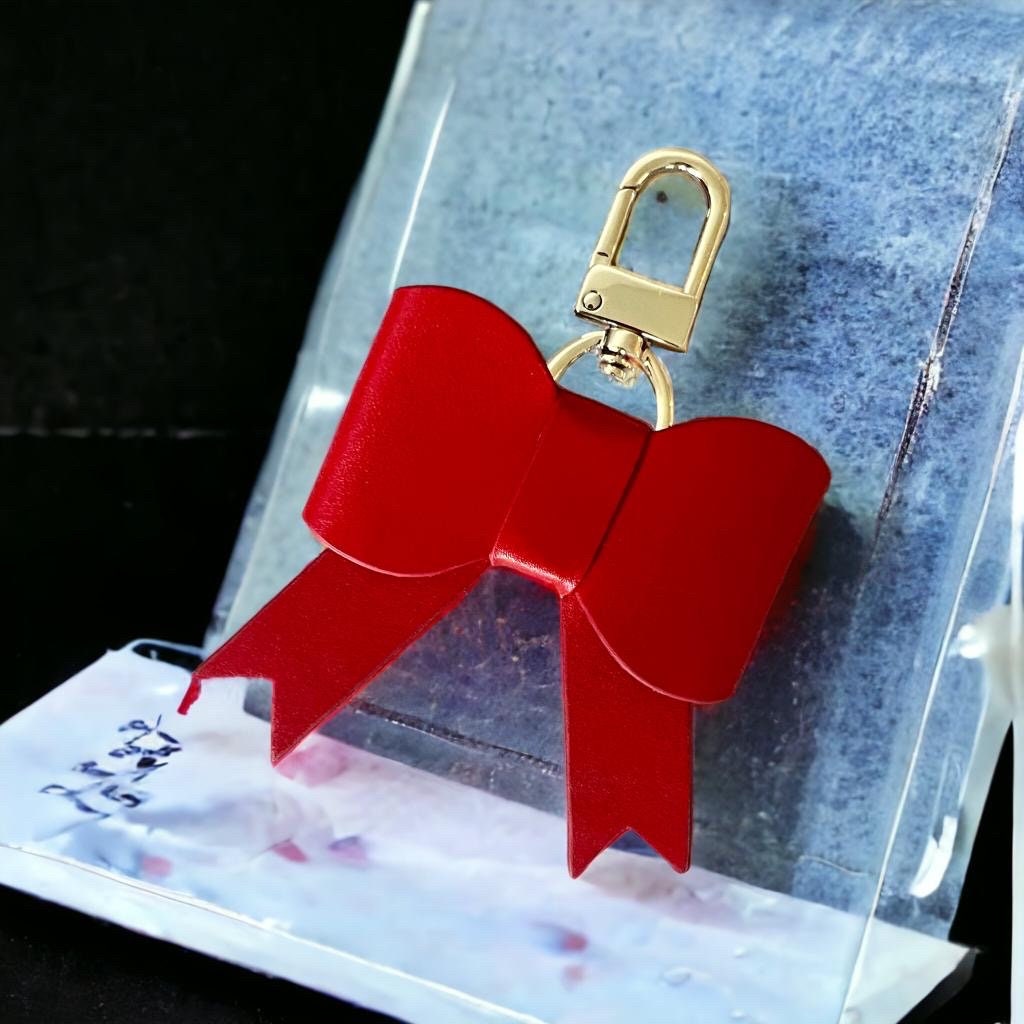 Handmade Handcrafted Leather Luxury Bow Bag Charm - Cherry Red