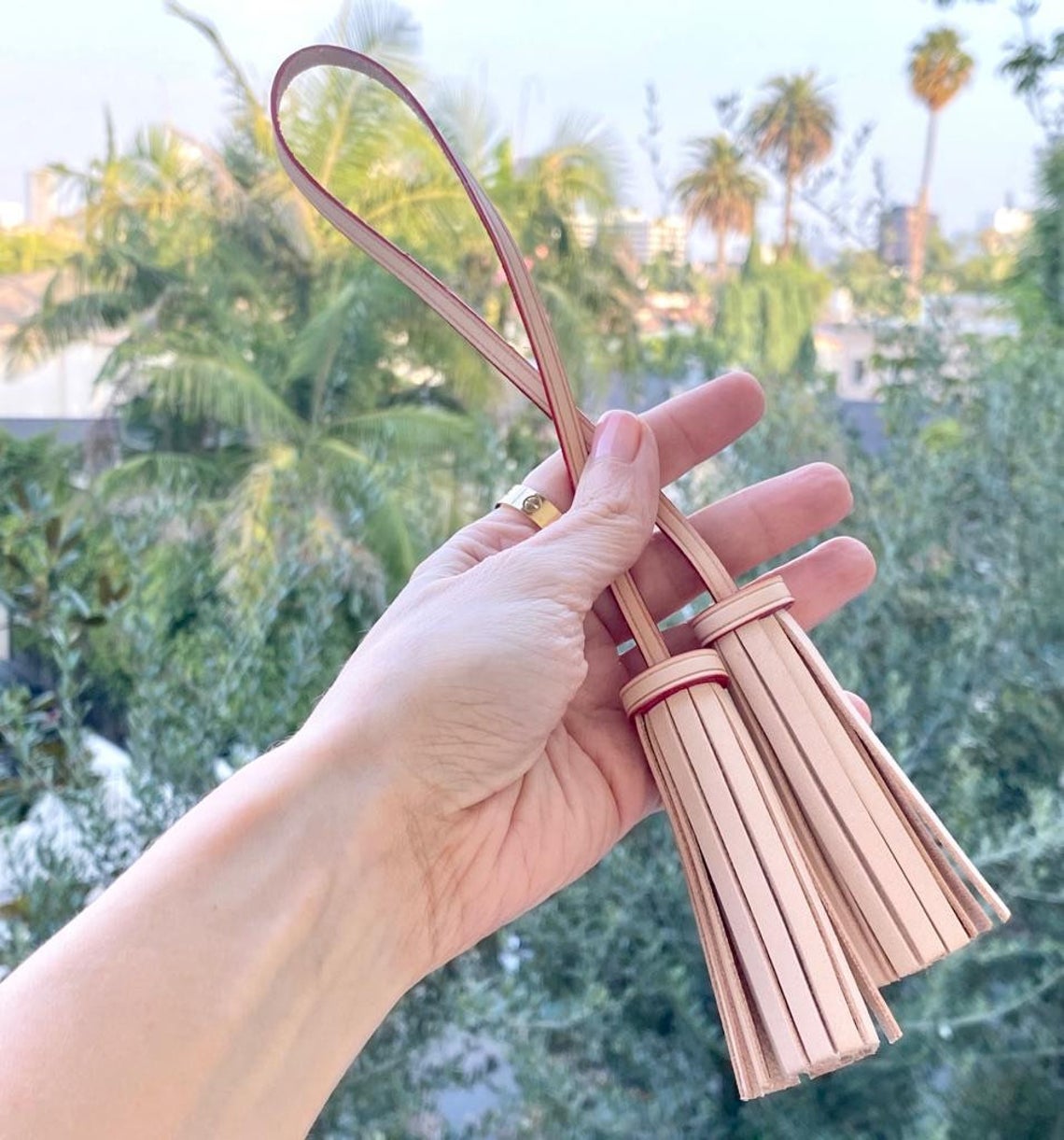 Vachetta Leather Long Double Tassel Bag Charm- Natural Vachetta - For Pochette - Clutch- Hand Bag / Tassel - Charm- double ended Tassel