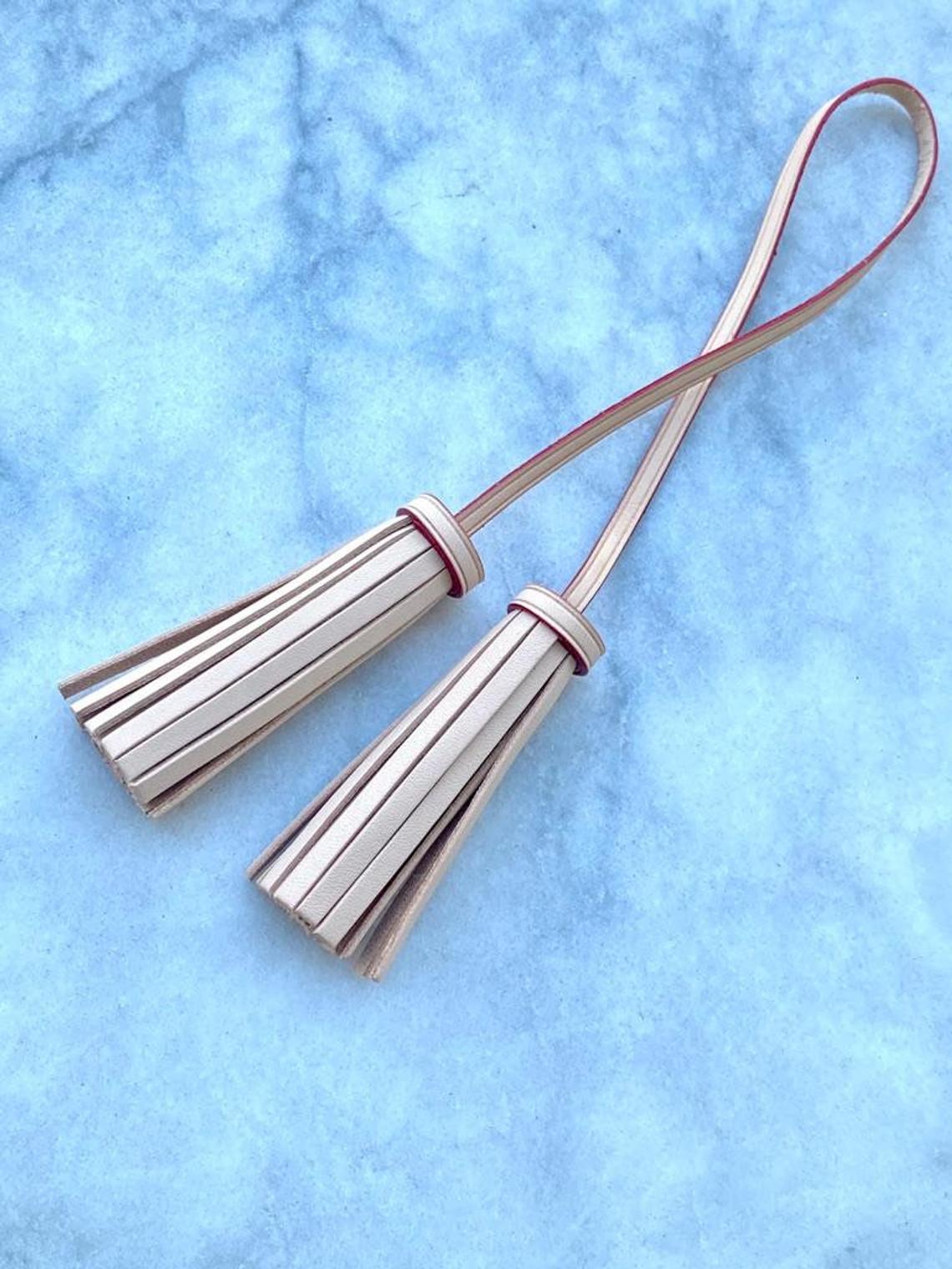 Vachetta Leather Long Double Tassel Bag Charm- Natural Vachetta - For Pochette - Clutch- Hand Bag / Tassel - Charm- double ended Tassel