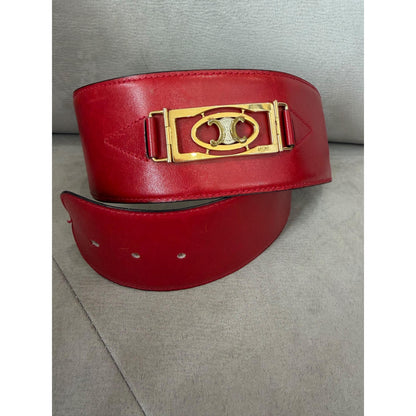 Authentic Celine Vintage Red Leather Wide Belt Gold Logo Buckle Size 60, Made in Italy, 1980s-1990s