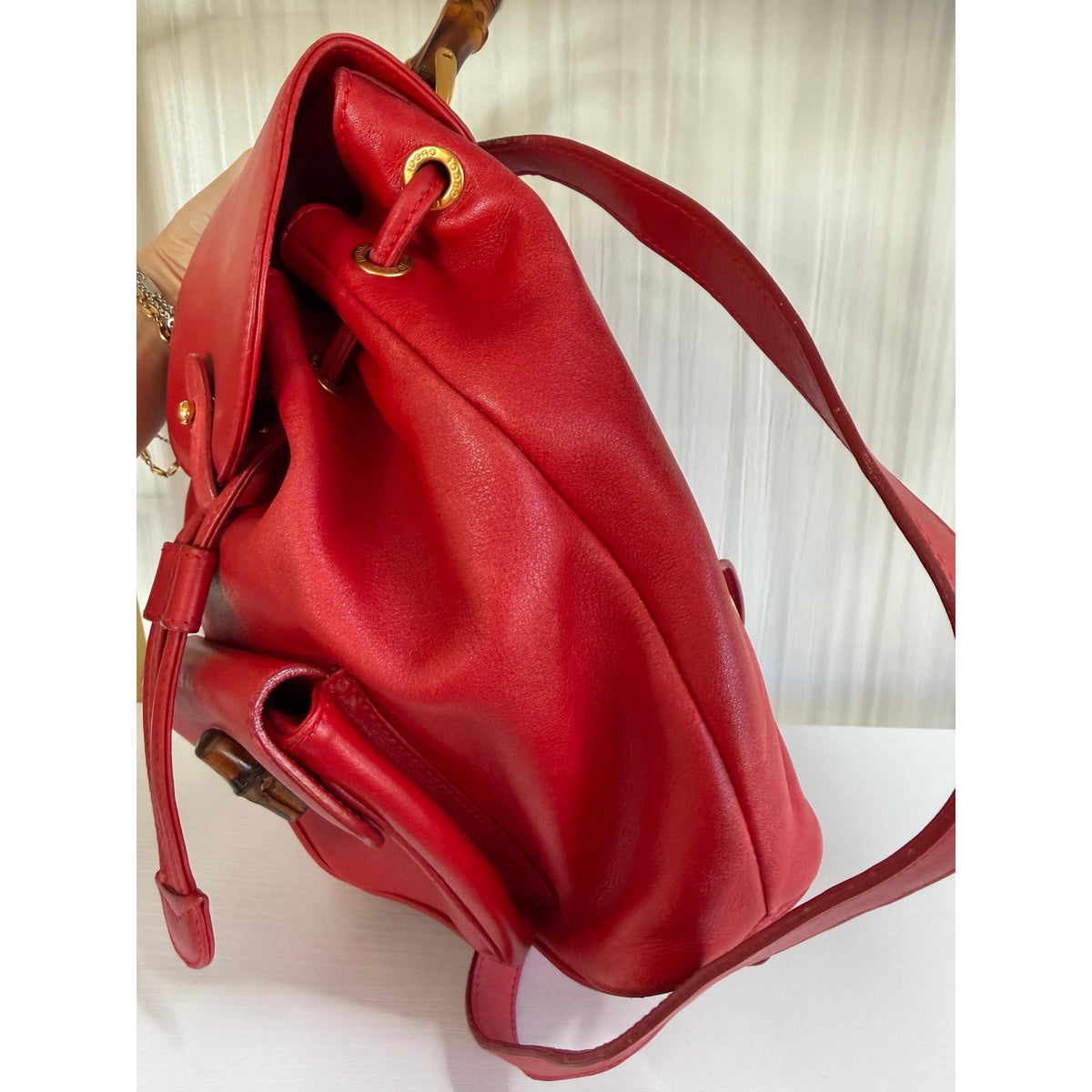 GUCCI Red Leather Bamboo Backpack