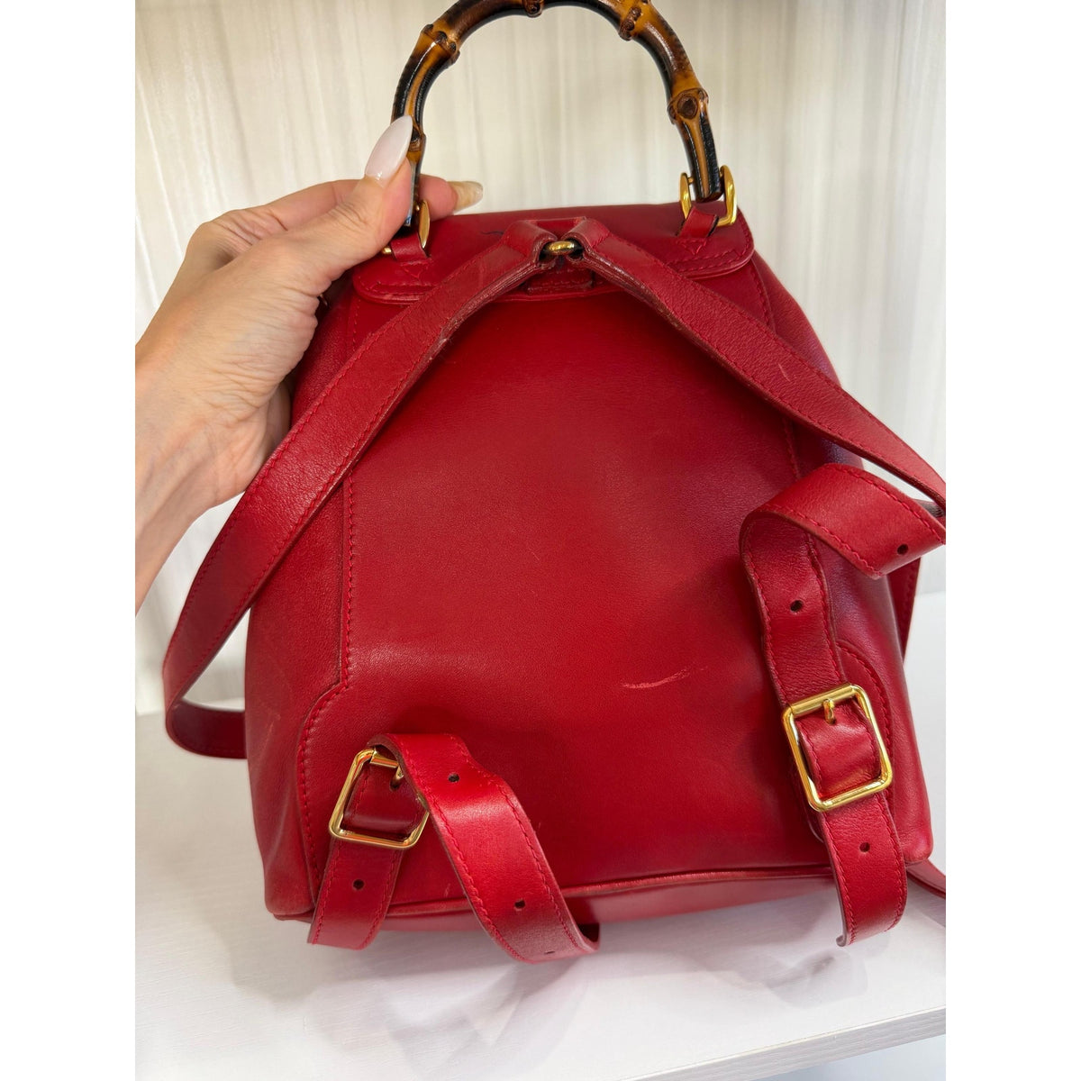 GUCCI Red Leather Bamboo Backpack