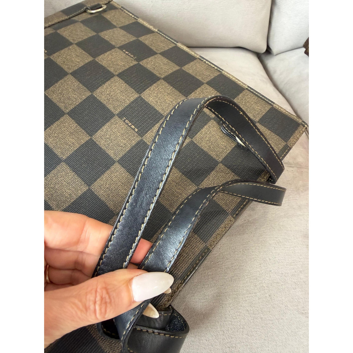 FENDI Brown Black Checkerboard Tote Bag