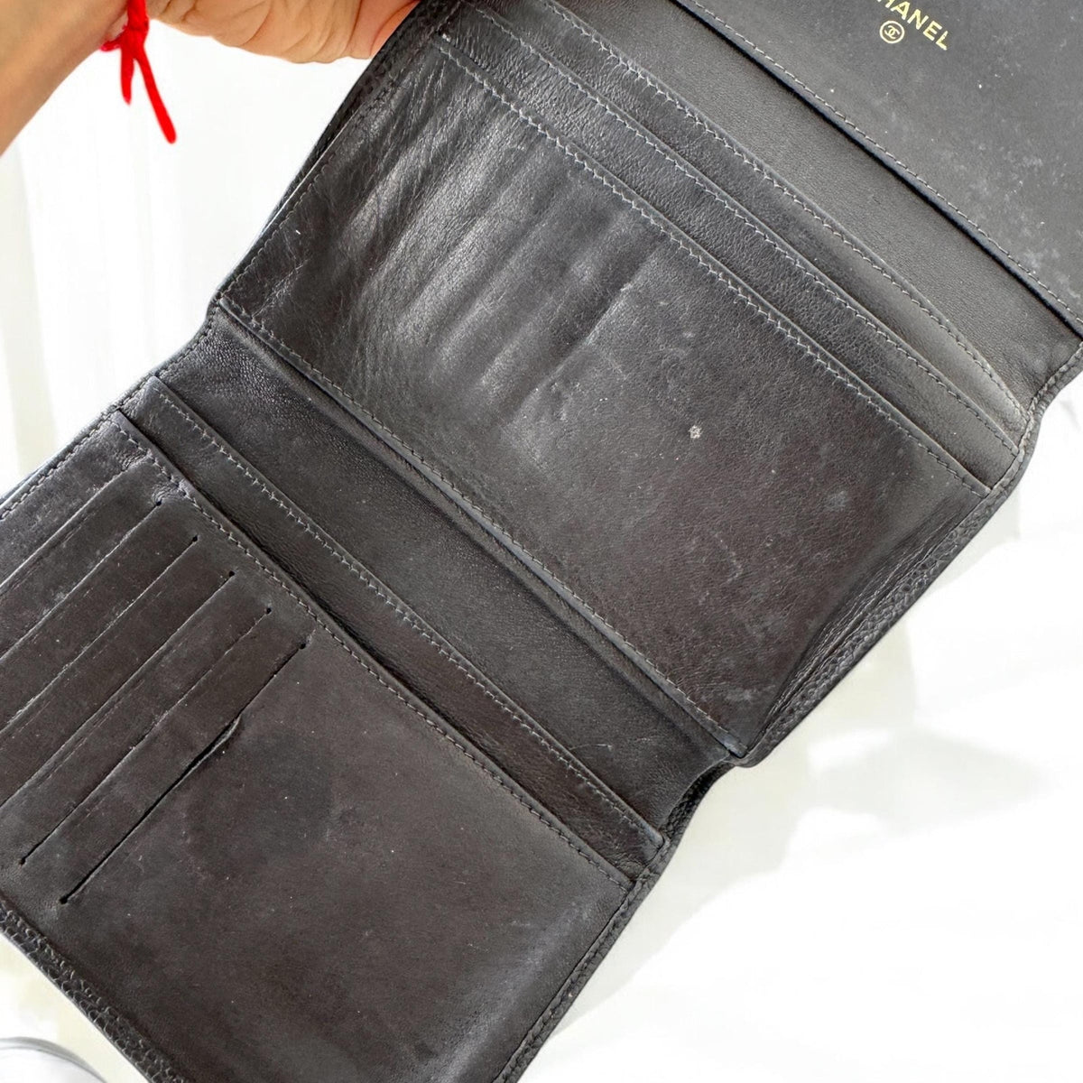 Authentic Chanel Vintage Black Caviar Leather Trifold Wallet CC Logo Made in France