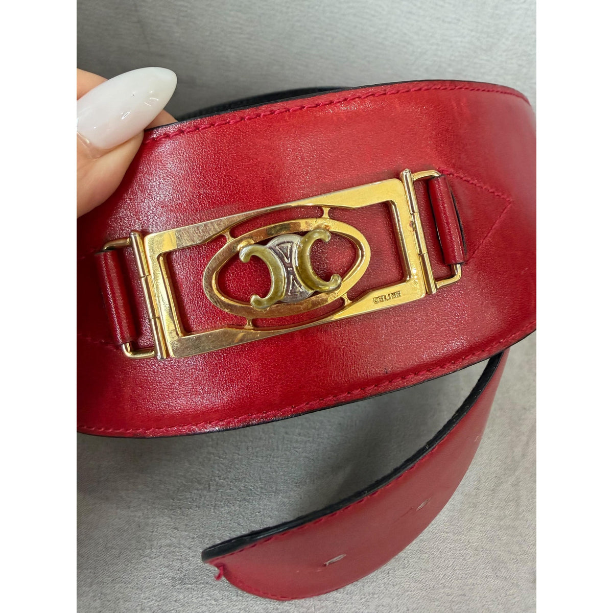 Authentic Celine Vintage Red Leather Wide Belt Gold Logo Buckle Size 60, Made in Italy, 1980s-1990s