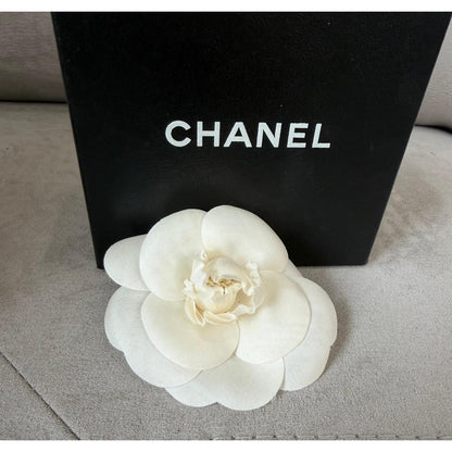 CHANEL Ivory Silk Camellia Brooch