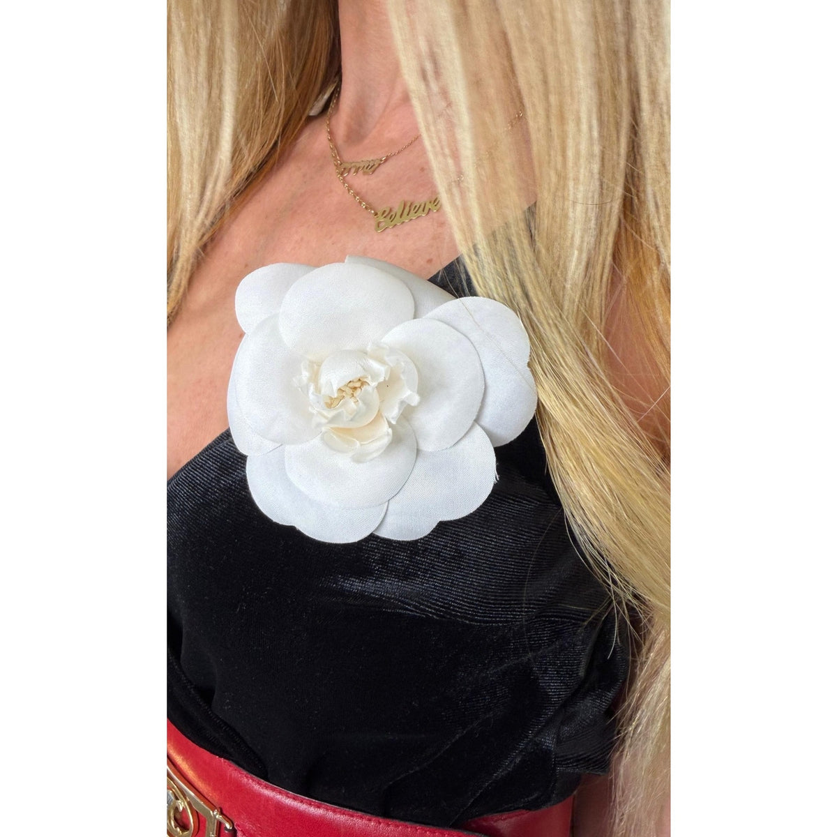 CHANEL Ivory Silk Camellia Brooch
