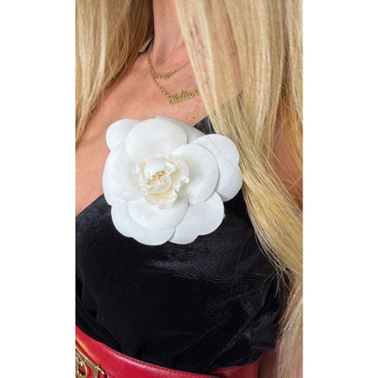 CHANEL Ivory Silk Camellia Brooch
