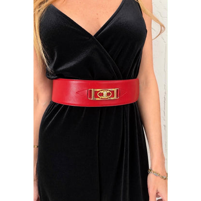 Authentic Celine Vintage Red Leather Wide Belt Gold Logo Buckle Size 60, Made in Italy, 1980s-1990s