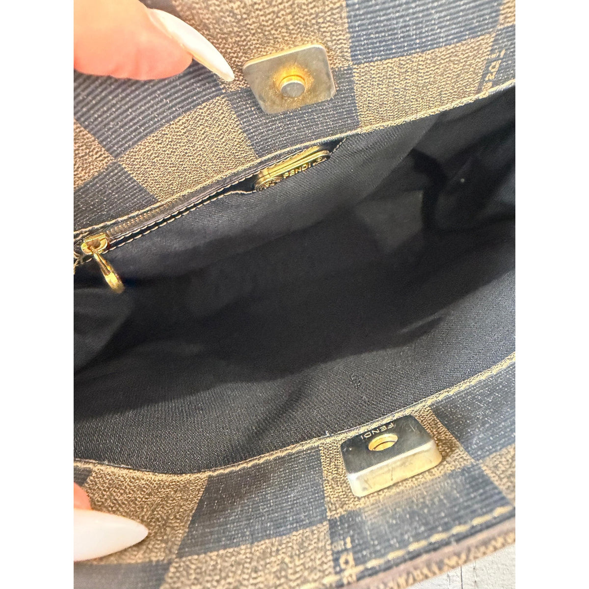 FENDI Brown Black Checkerboard Tote Bag