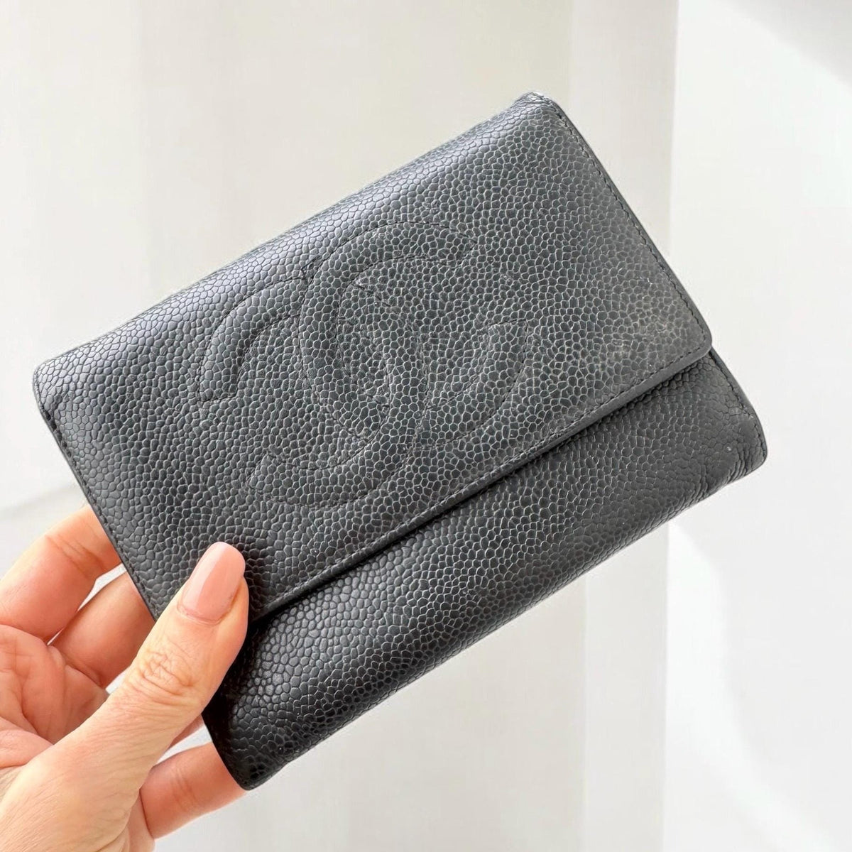 Authentic Chanel Vintage Black Caviar Leather Trifold Wallet CC Logo Made in France