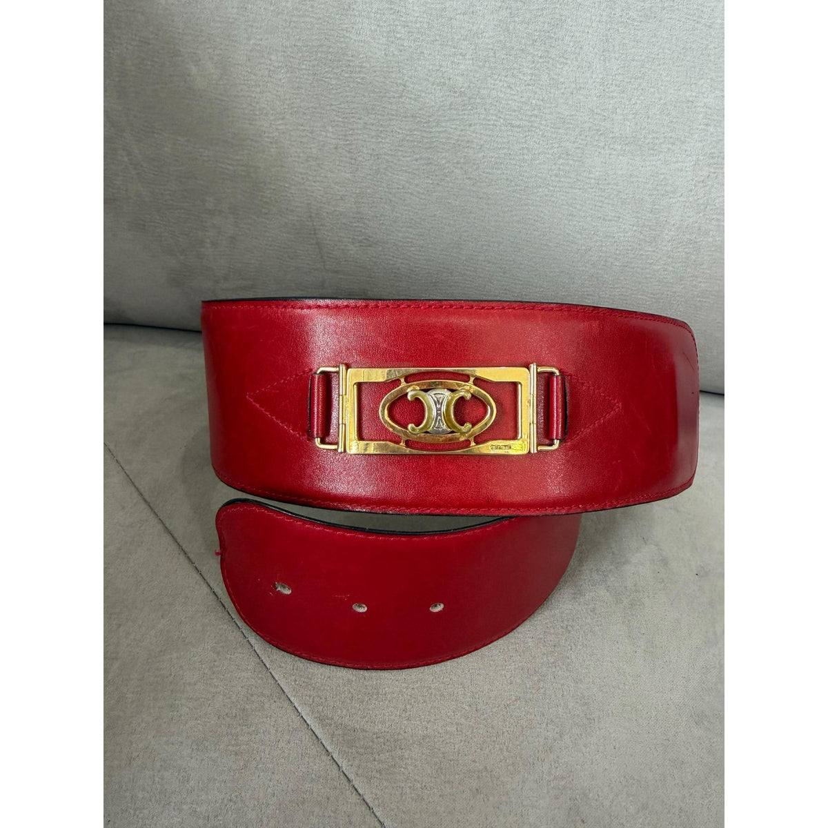 Authentic Celine Vintage Red Leather Wide Belt Gold Logo Buckle Size 60, Made in Italy, 1980s-1990s