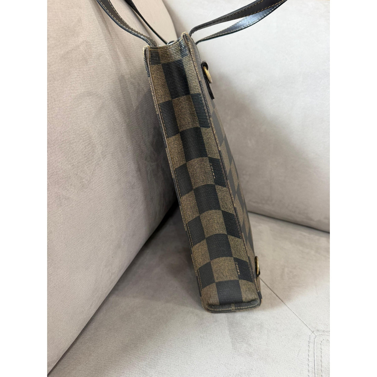 FENDI Brown Black Checkerboard Tote Bag