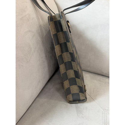 FENDI Brown Black Checkerboard Tote Bag