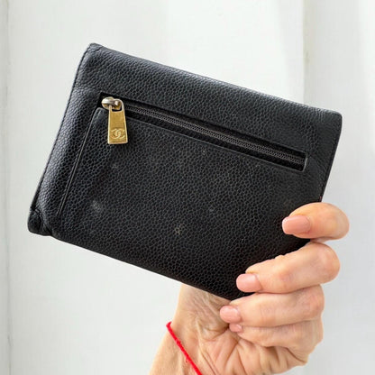 Authentic Chanel Vintage Black Caviar Leather Trifold Wallet CC Logo Made in France