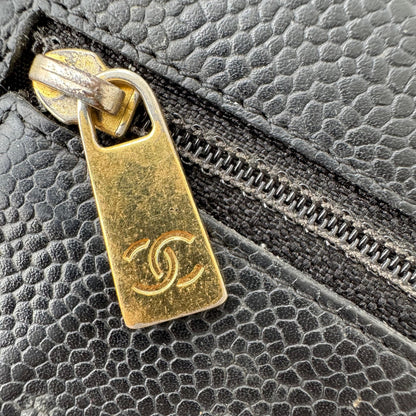 Authentic Chanel Vintage Black Caviar Leather Trifold Wallet CC Logo Made in France