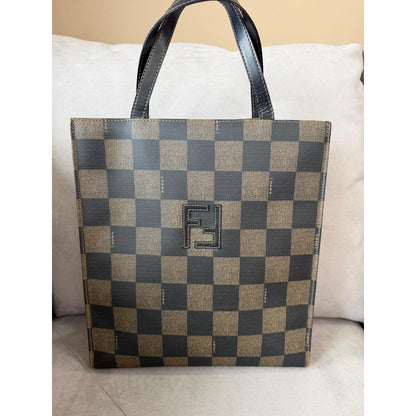 FENDI Brown Black Checkerboard Tote Bag
