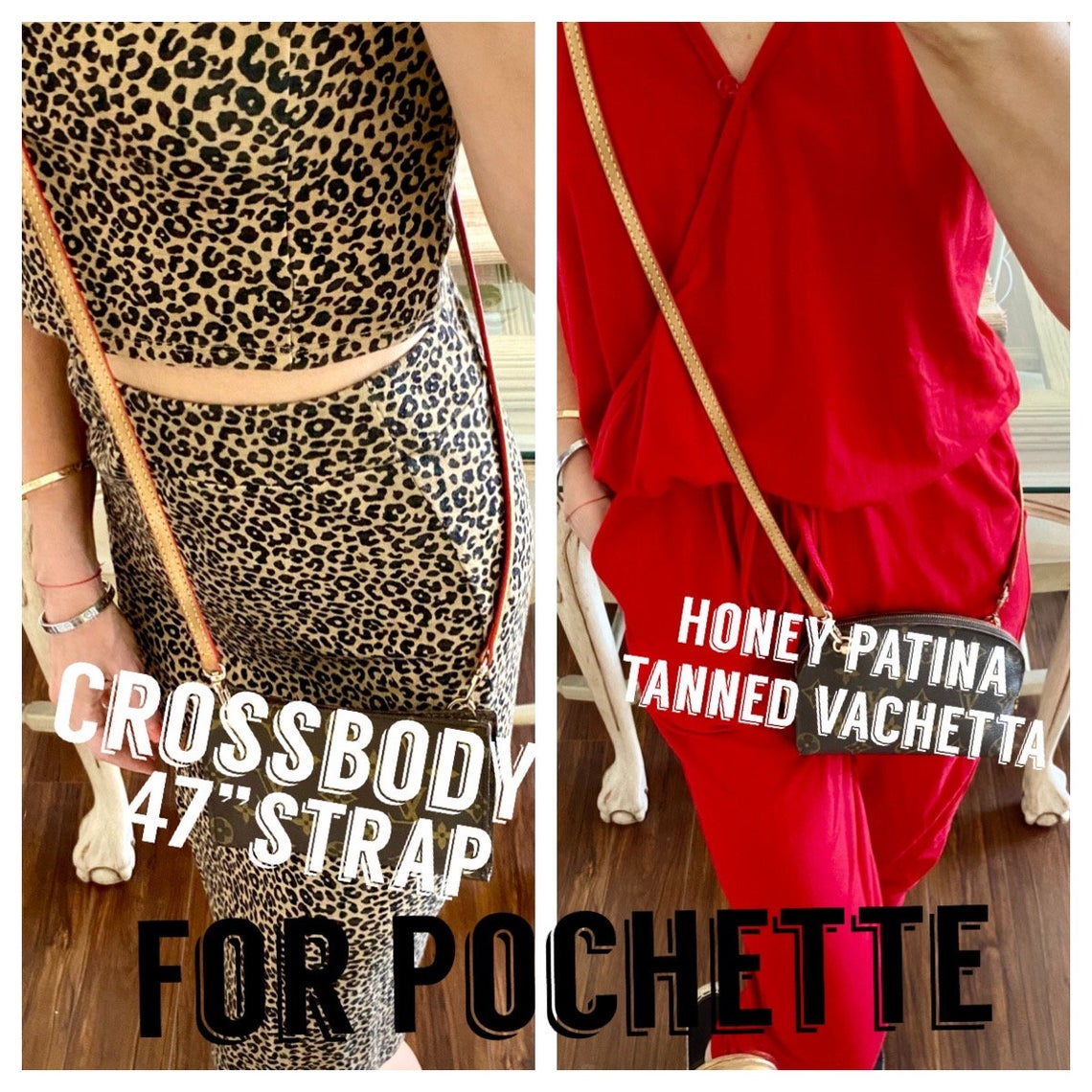 Crossbody Strap Replacement - Natural Vachetta Leather or Custom Honey Tanning Handmade Patina - For Pochette Clutch and Small luxury Purses - Sexy Little Vintage