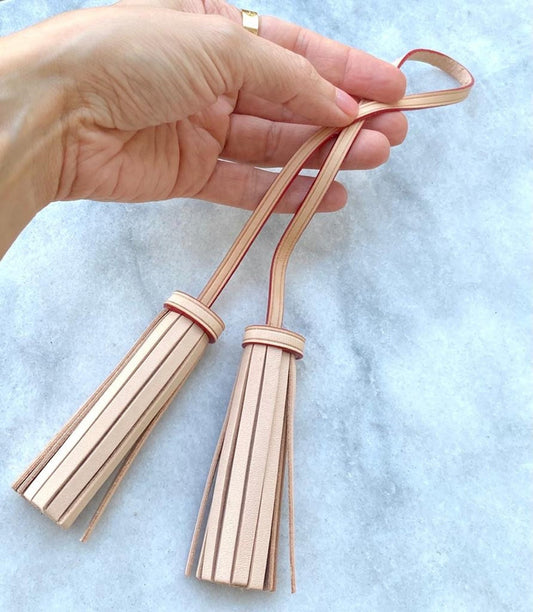 Vachetta Leather Long Double Tassel Bag Charm- Natural Vachetta - For Pochette - Clutch- Hand Bag / Tassel - Charm- double ended Tassel