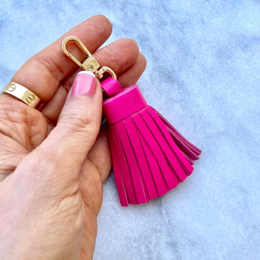 Neon Pink Genuine Leather Tassel Keychain Handbag Charm Handmade from Top quality Real Leather - Bag Charm Accessory - Leather Tassels - - Sexy Little Vintage
