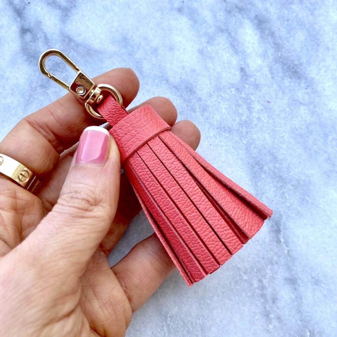 Leather tassel keychain bag on sale charm